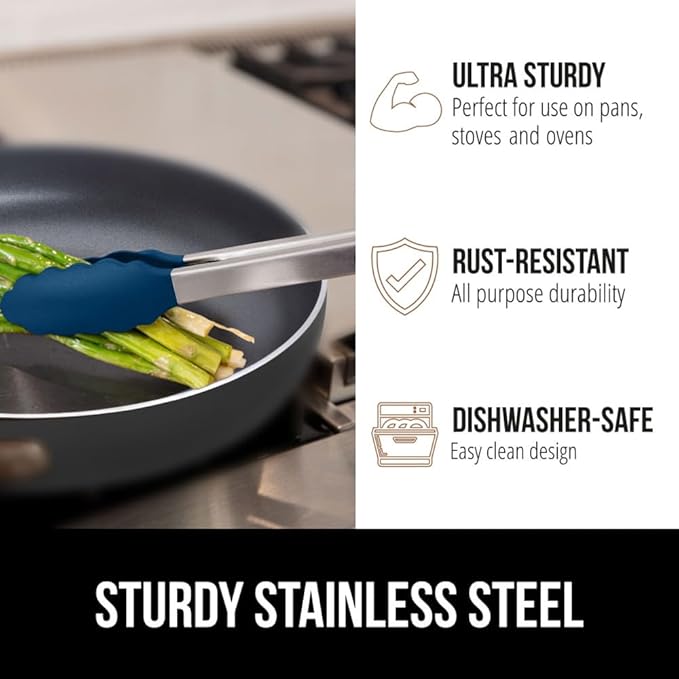GORILLA GRIP Stainless Steel Heat Resistant Kitchen Tongs for Cooking, 9 + 12 Inch, Set of 2 BBQ Tong, Non Scratch Silicone Tip for Pan, Strong Grip, Grab Food, Toss Salad, Air Fryer, Pull Lock, Blue