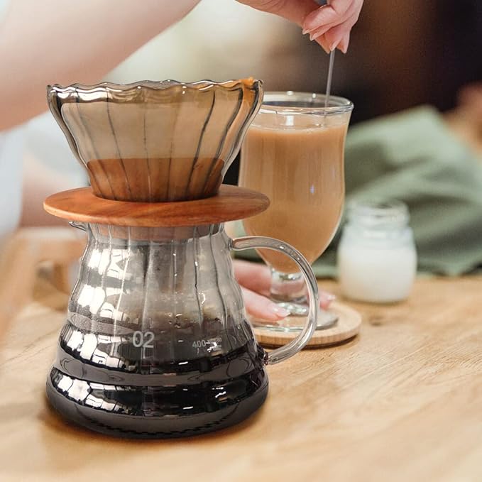 SOTECH Pour Over Coffee Maker Set with Black Gooseneck Kettle, Wooden Pad Holder, Coffee Dripper Server, DIY Manual Portable Coffee Maker Set