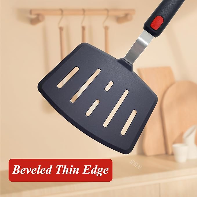 Silicone Spatula Turner, Heat Resistant Pancake Spatulas for Nonstick Cookware Pan, Wide Slotted Cooking Spatula for Frying Omelette, Egg, Fish and Kitchen Use, Thin Flexible Dishwasher Safe, Black