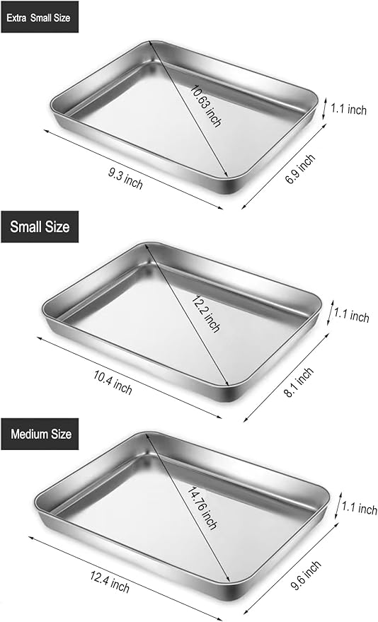 Small Cookie Baking Sheet Pans Stainless Steel 304 Little Tiny Serving Tray 10.4 x8.1 x1.1Inch (Diagonal 12.3) Reheat Food Small Items No Rust Dishwasher Safe for 2 Person 6 Pack