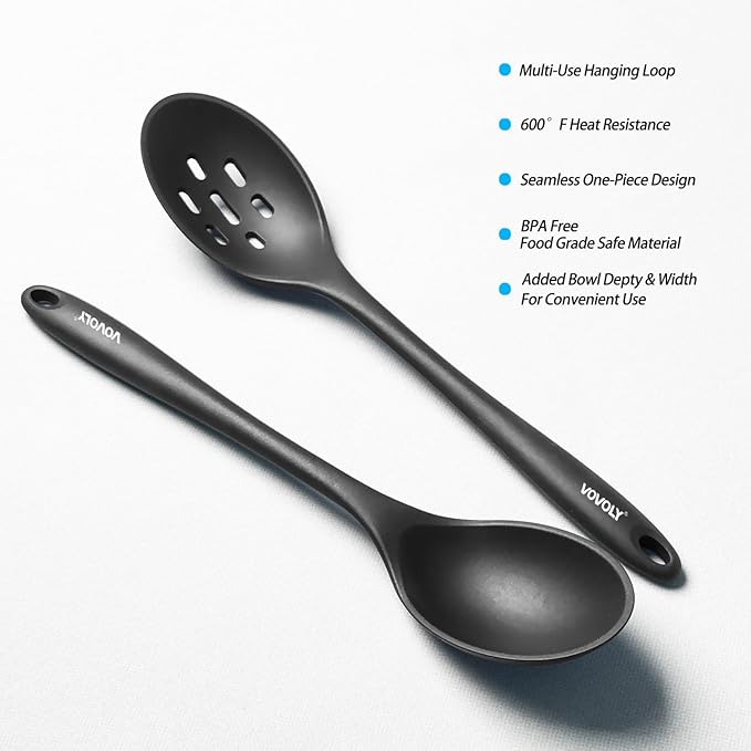 Silicone Spoons for Cooking - Extra Large Kitchen Spoons for Mixing, Serving, & Stirring - 600°F Heat-Resistant Non Stick Utensils Ladle & Skimmer- Dishwasher Safe, Black