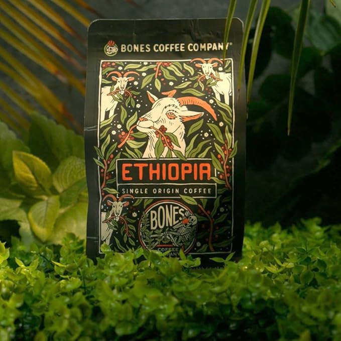 Bones Coffee Company Ethiopia Single-Origin, Citrus, Floral and Berries Notes, Whole Coffee Beans, Low Acid Medium Roast Arabica Beans Flavored Coffee, 12 oz Whole Bean