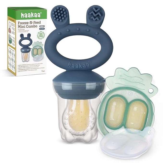 Haakaa Baby Fruit Food Feeder & Mini Freezer Nibble Tray Combo, Breastmilk Popsicle Molds for Baby Cooling Relief, BPA Free Silicone Feeder for Safe Infant Self Feeding, 4 Month+ (Steel Blue)