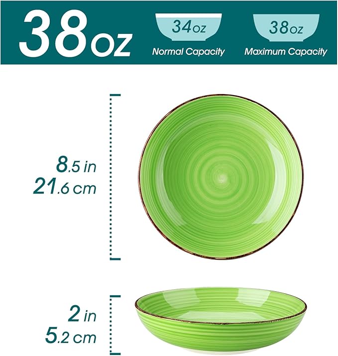 vancasso Bonita Pasta Bowls Set of 6, 38 oz Shallow Bowls, Ceramic Pasta Plates and Salad Bowls, Microwave & Dishwasher Safe Serving Bowls, Assorted Colors