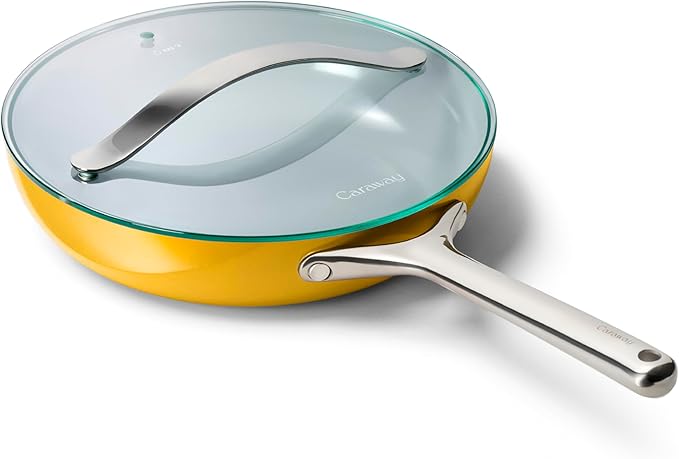 Caraway Nonstick Ceramic Frying Pan With Glass Lid (2.7 qt, 10.5") - Non Toxic, PTFE & PFOA Free - Oven Safe & Compatible with All Stovetops (Gas, Electric & Induction) - Marigold