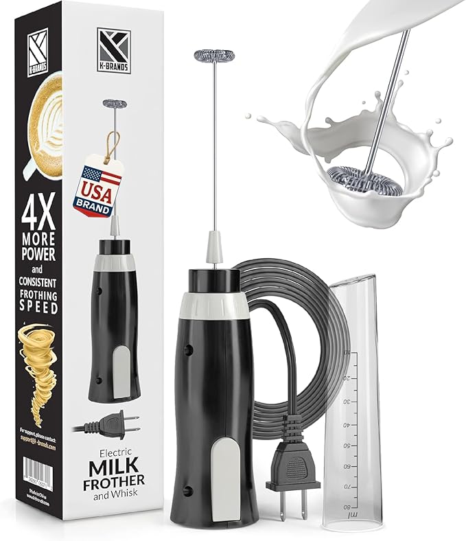 K-Brands Corded Electric Milk Frother with Plug in - Handheld Electric Whisk Stirrer Whipper - Foam Maker for Coffee, Latte, Cappuccino, Hot Chocolate – Powerful Drink Mixer
