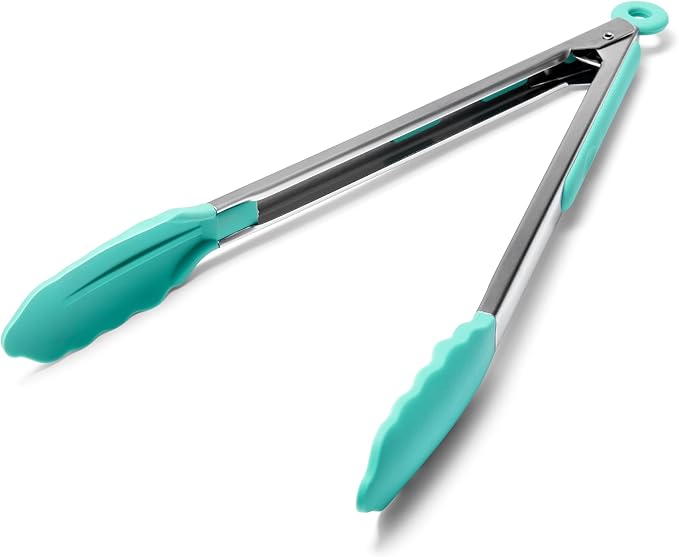 Doosu Kitchen Tongs for Cooking - 600°F Heat Resistant Food Tong with Non-Scratch Silicone Tips, Heavy Duty Stainless Steel Locking Tong for BBQ, Grilling Steak, Serving Salad, Pasta (12in, Aqua Sky)