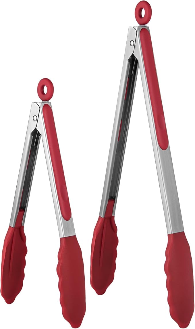 600ºF Heat Resistant Kitchen Tongs: U-Taste 9+12 inch Silicone Cooking Tong Set with Firm Sealed Non Stick Rubber Tips and Silicon Coated 18/8 Stainless Steel Handle for Serving Grilling Salad(Red)