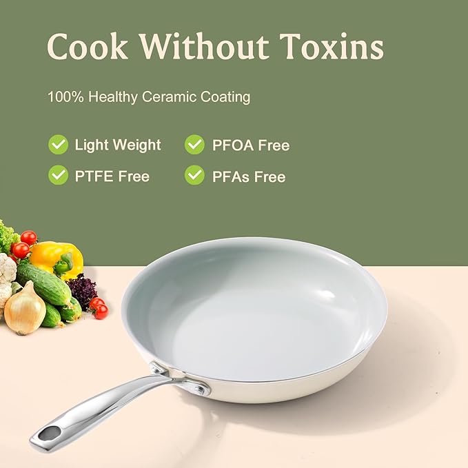 Nonstick Frying Pans Ceramic Skillet: 9.5Inches Non Stick small Egg Fry Pan - PFOA PTFE PFAS Free - Induction,Gas,Electric Compatible