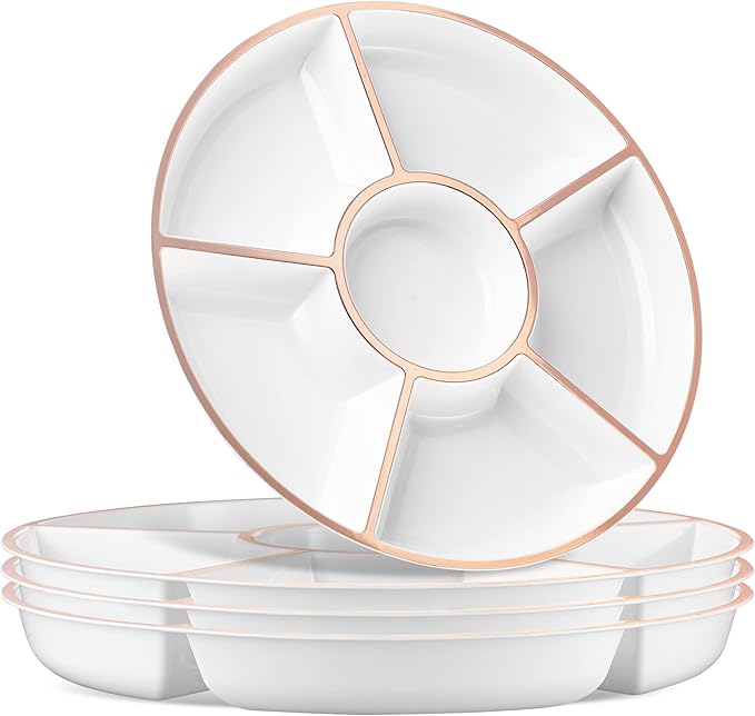 Plasticpro 6 Sectional Round Plastic Serving Tray/Platter (4, White & Rose Gold)