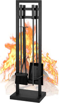 FEED GARDEN Fireplace Tools Set 5 Pieces, 30 Inch Modern Wrought Iron Outdoor Fireplace Accessories Set Long Holder Indoor with Poker, Tongs, Shovel, Brush, Base Black