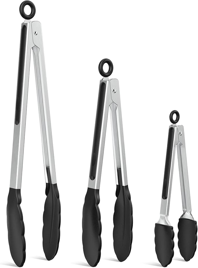 NileHome Tongs for Cooking, Professional Stainless Steel Cooking Tongs – Heat-Resistant for Grilling, BBQ, Serving Salad, Pasta, and Kitchen Use, Dishwasher Safe, Set of 7" 9" 12", Black