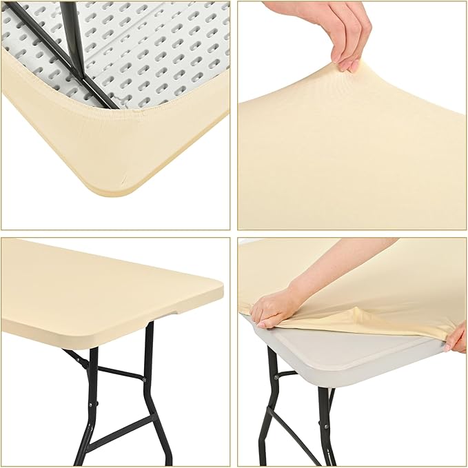 6 Pack Stretch Fabric Table Top Cap Cover, fits 6' Tables, Spandex Table Covers Washable Elastic Rectangle Tablecloth Protector for Indoor Outdoor Party Picnic Wedding, Beige, 30" W x 72" L