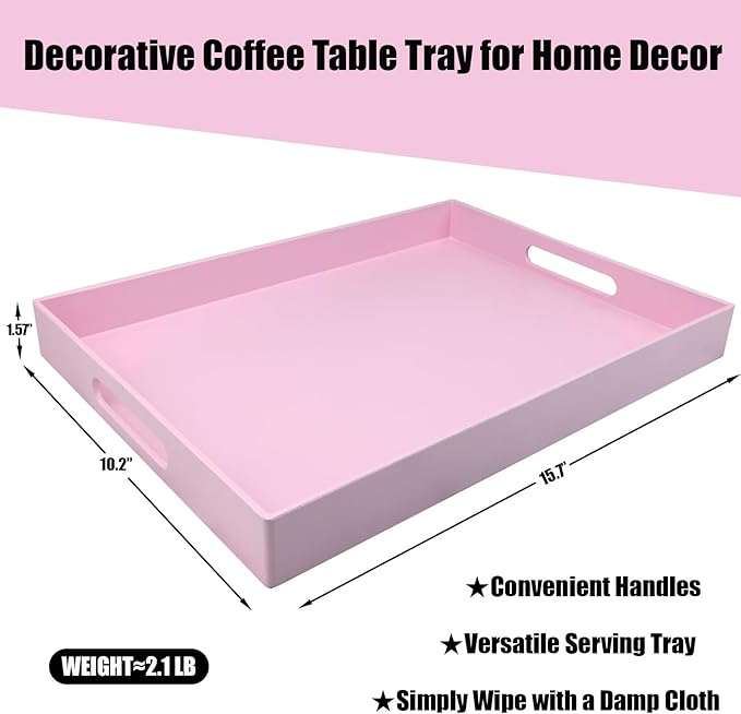 Pink Serving Tray for Coffee Table, Rectangular Plastic Decorative Tray with Handles for Entertaining, Outdoor Patio, Living Room, Ottoman, Bathroom Counter, 11.8”*15.7”*1.6”