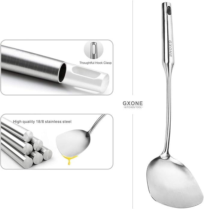 Wok Spatula Stainless Steel, Wide Metal Spatula with Hollow Long Handle Wok Utensils,Silver/14.7Inch