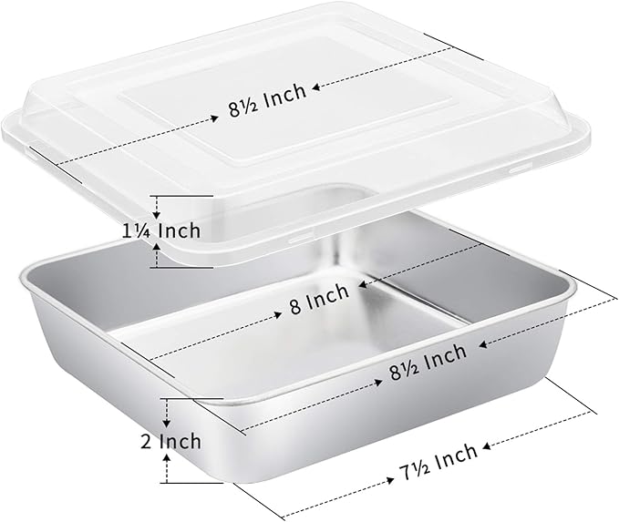 E-far 8 x 8-Inch Baking Pan with lid, Square Cake Brownie Baking Pans Stainless Steel Bakeware Set of 2, Non-toxic & Healthy, Easy Clean & Dishwasher Safe - 4 Pieces(2 Pans + 2 Lids)