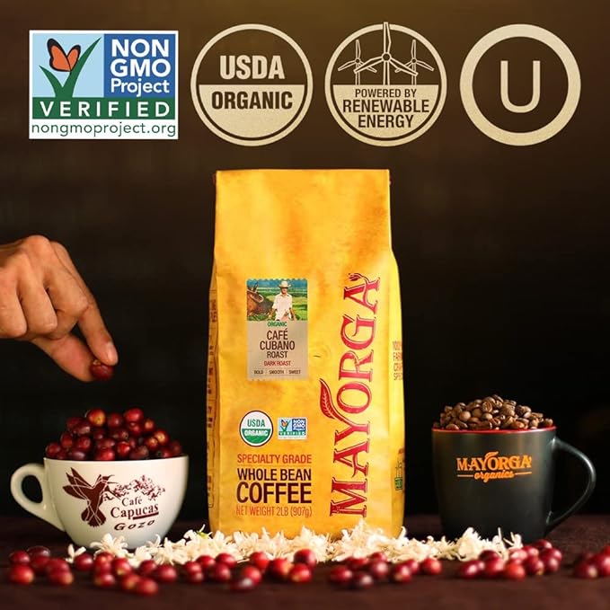Mayorga Decaf Dark Roast 12oz Bag Cafe Swiss Water Decaffeinated Cubano Roast 100% Arabica Whole Coffee Beans - Smoothest Organic Coffee - Specialty Grade, Non-GMO, Direct Trade