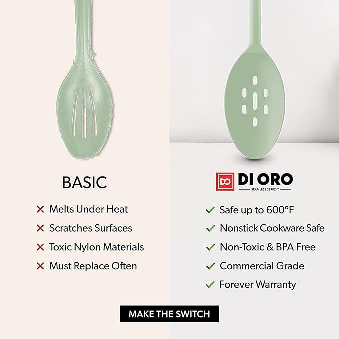 DI ORO Silicone Spoons for Cooking - Large Kitchen Spoons for Mixing, Serving, & Stirring - 600°F Heat-Resistant Non Stick Utensils – Big Solid & Slotted Basting Spoons - Dishwasher Safe (2pc, Sage)