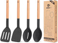 Pack of 4 Silicone Cooking Utensils Set, Non Stick Solid Spatulas and Heat Resistant Slotted Spoons with Wooden Handle, Ideal Wood Kitchen Utensils Set for Frying,Serving,Turning,Stirring (BLACK)
