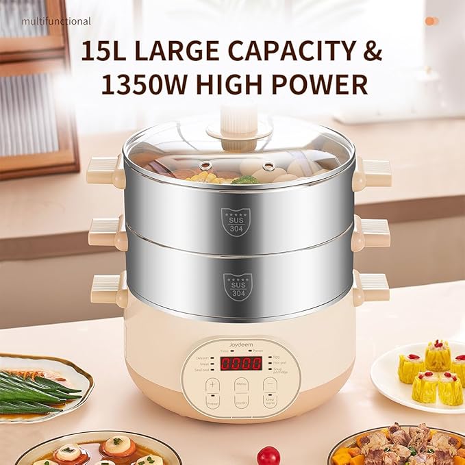 Joydeem Electric Food Steamer for Cooking, 2-Tier Stainless Steel Vegetable & Food Steamers, 15L/15.9 qt Large Capacity, JD-DZG15B