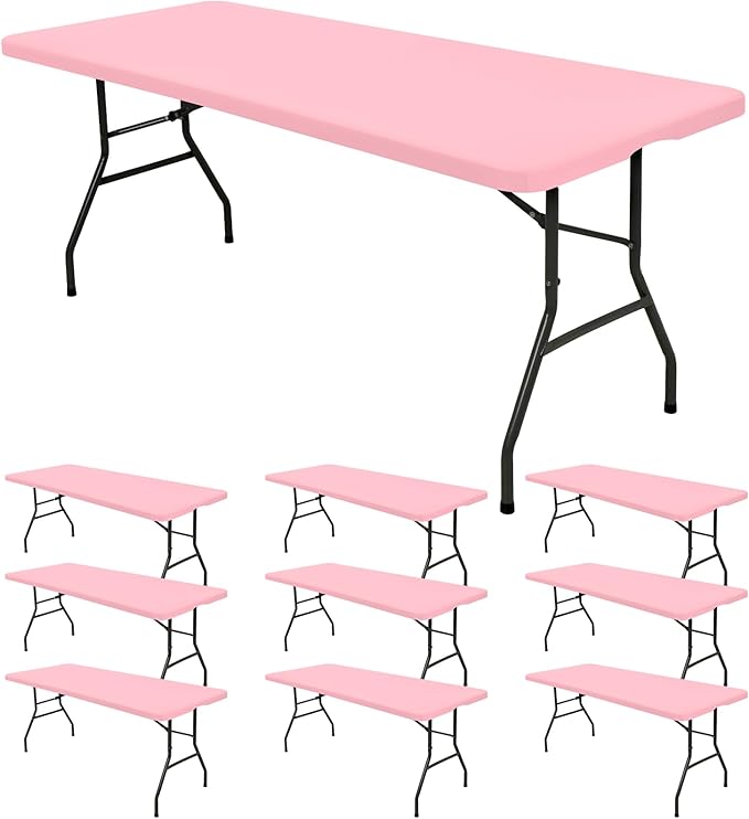 10 Pack Fitted Tablecloth for 8 Foot Rectangle Tables, Pink Elastic Outdoor Picnic Table Cover, Washable Stretch Folding Table Cloths 8 ft for Camping Party Patio Kitchen Banquet, 30" W x 96" L