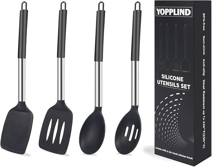 Silicone Kitchen Cooking Utensils Set 5-Piece BPA-Free Heat-Resistant Non-Stick & Dishwasher-Safe, with Slotted/Solid Spoons & Spatulas for Frying,Draining – Includes Multi-Purpose Serving Hook(Black)