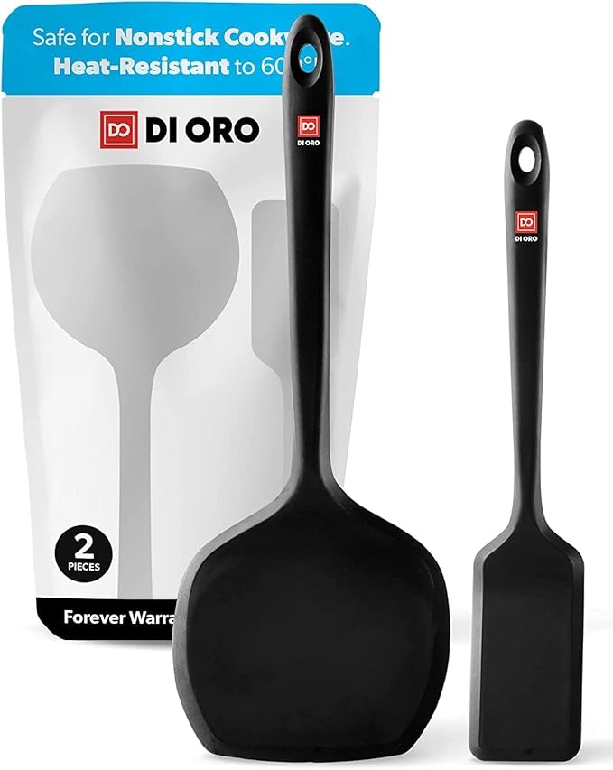 DI ORO Silicone Turner Spatula Set - Kitchen Spatulas for Nonstick Cookware - Cooking Utensils for Flipping Eggs & Pancakes - 600°F Heat-Resistant BPA Free Turners - Dishwasher Safe (2pc, Black)