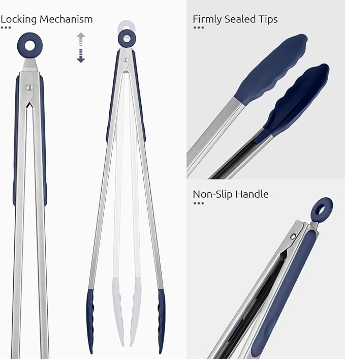 Heat Resistant Silicone Kitchen Tong: U-Taste 16 inch Extra Long Large 480ºF Hot Proof Cooking Tong with Sturdy Non Stick Rubber Tips & Non Slip Silicon Coated Steel Handle for Grill BBQ-Midnight Blue