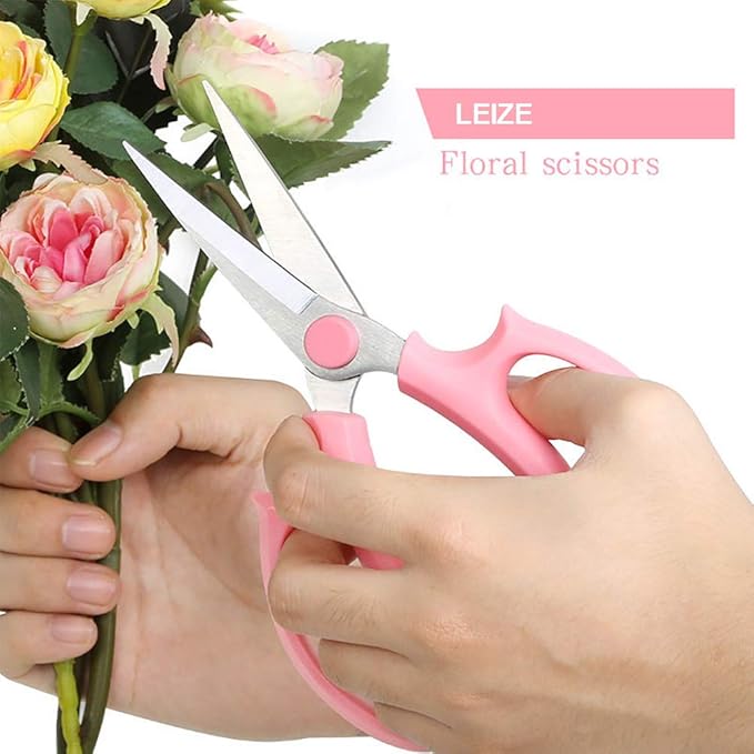 Leize Flower Scissors, Premium Thickened Stainless Steel Floral Shears, Strong Pruner for Flowers, Branches and Leaves (Pink Slender)