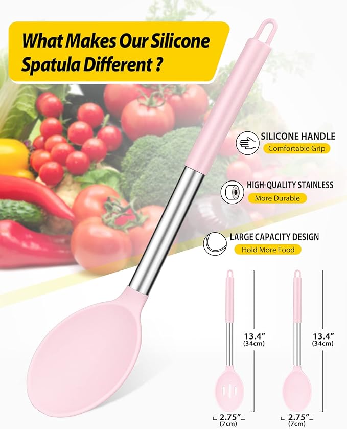 Pack of 2 Large Silicone Cooking Spoons,Non Stick Solid Basting Spoon,Heat-Resistant Kitchen Utensils for Mixing,Serving,Draining,Stirring (PINK)