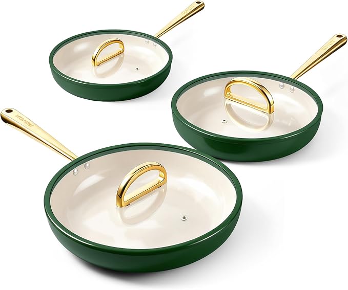 ROYDX Titanium Ceramic Nonstick Fry Pan Set 8", 10" and 12" Frying Pan Skillet Set with Glass Lids-Non Toxic, PTFE & PFOA Free - Oven Dishwasher Safe & Compatible with All Stovetops-Pine Green