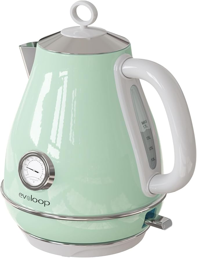 Evoloop Electric Tea Kettle, 1500W /1.7 Liter Hot Water Boiler Heater Pot, Retro Electric Kettle with Thermometer, Auto Shut-Off & Boil-Dry Protection, BPA Free,Stainless Steel Teapot