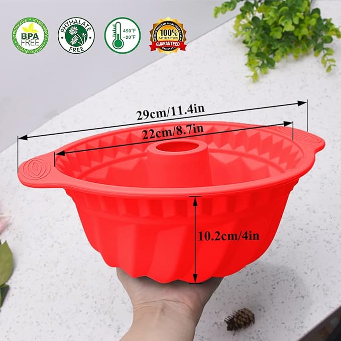 Kenond 2 PCS 9.5 Inch Silicone Cake Pans, Non-stick Fluted Cake Pan with Sturdy Handle, Cake Baking Molds, Perfect Bakeware for Cake, Jello, Gelatin, Bread, Para Gelatinas (Red)