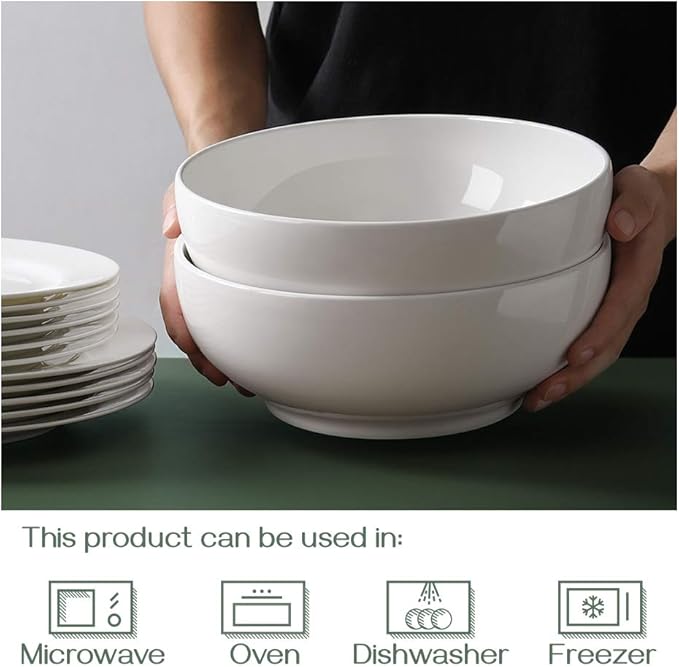 DOWAN Serving Bowls, 9.5" Large Salad Bowls for Entertaining, Side Dishes, Pho, Pasta, Centerpiece Bowls for Dinner Parties, Kitchen Decor, Microwave & Dishwasher Safe, White