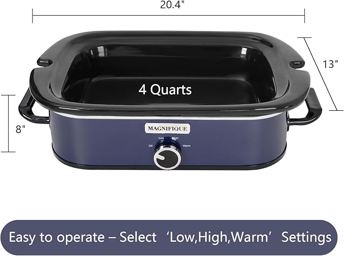 4-Quart Slow Cooker with Casserole Manual Warm Setting - Perfect Kitchen Small Appliance for Family Dinners, Dishwasher Safe Crock, Blue
