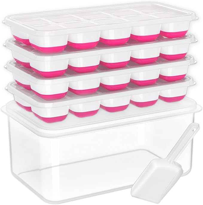 DOQAUS Ice Cube Tray with Lid and Bin, 4 Pack Silicone Plastic Ice Cubes Trays for Freezer with Box/Container, Stackable with Storage Iced Bucket Kits, Scoop, for RV, Soup, Food, Cocktail, Coffee