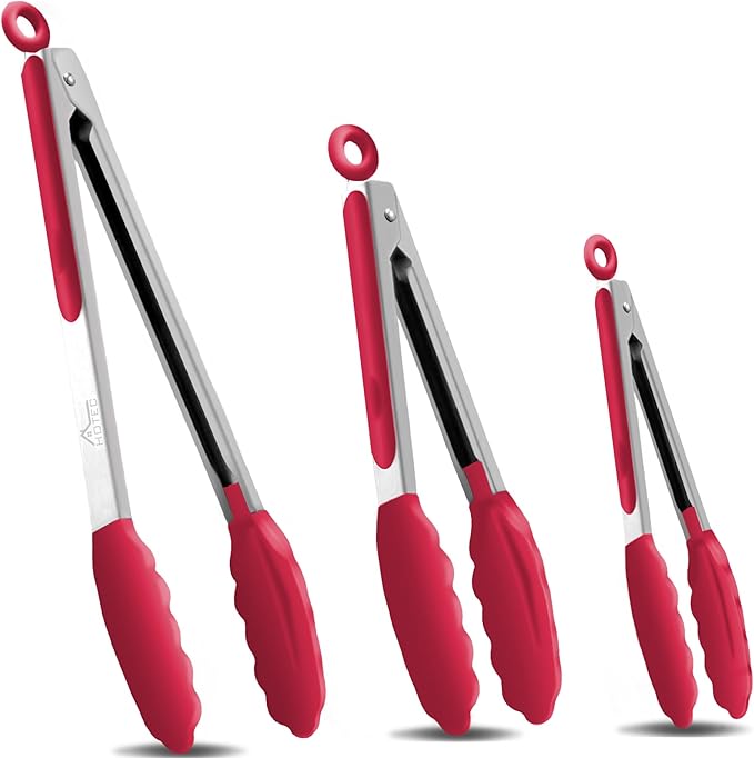 HOTEC Premium Stainless Steel Locking Kitchen Tongs with Silicon Tips, Set of 3-7", 9" and 12" (Red)