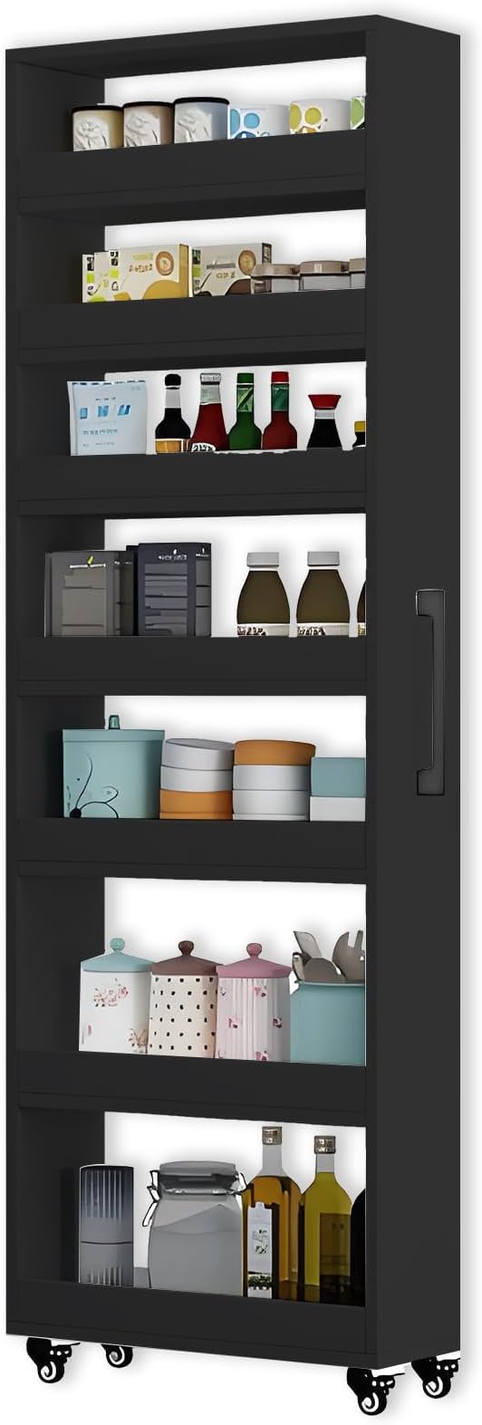 7-Tier Slim Storage Cart, Wooden Rolling Pantry Cabinet with Wheels, Narrow Shelf Organizer for Kitchen, Bakers Rack, Dining Room, Closet, Small Spaces Dark Walnut 73.2''H*5.9''W*23.6''D