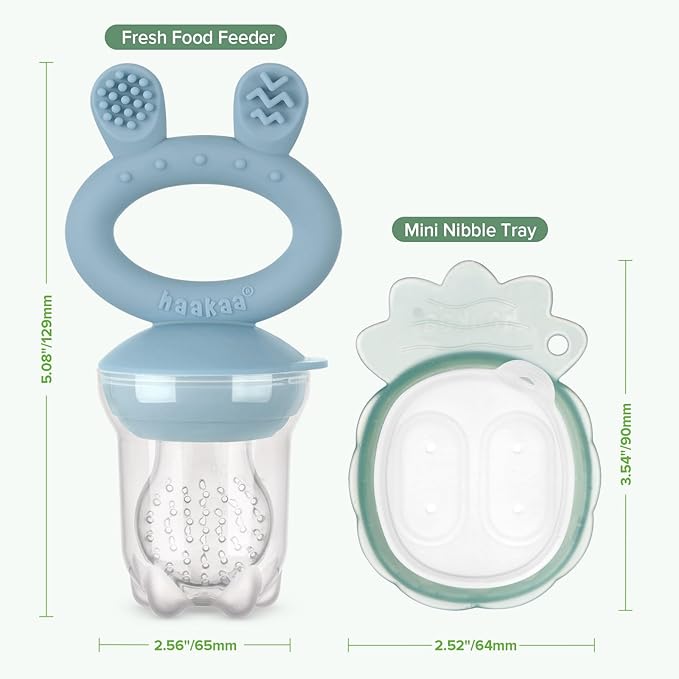 Haakaa Baby Fruit Food Feeder & Mini Freezer Nibble Tray Combo, Breastmilk Popsicle Molds for Baby Cooling Relief, BPA Free Silicone Feeder for Safe Infant Self Feeding, 4 Month+ (Sky Blue)