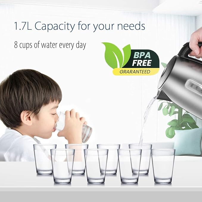 COMFEE' Stainless Steel Electric Kettle, 1.7 Liter Tea Kettle Electric & Hot Water Kettle, 1500W Fast Boil with LED Light, Auto Shut-Off and Boil-Dry Protection