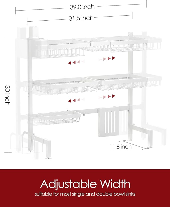 Dish Drying Rack - Over The Sink Dish Drainer Drying Rack with Utensil & Knife Holder, Hooks, Stainless Steel Kitchen Organizers and Storage Solution, 11.8" D x 31.5"~39.0''W x 30" H, White