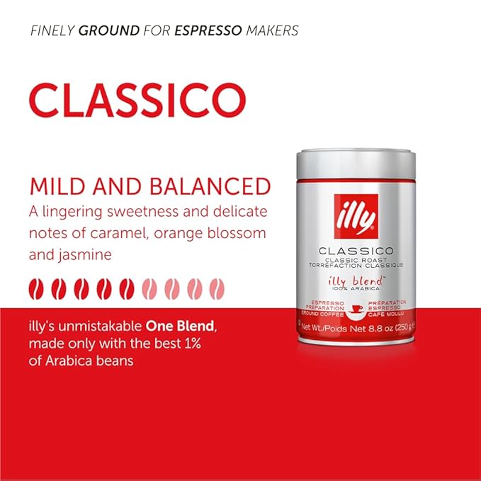 Illy Classico Ground Espresso Coffee, Medium Roast Roast With Notes Of Chocolate & Caramel, 100% Arabica, 8.8 Ounce (Pack Of 1)