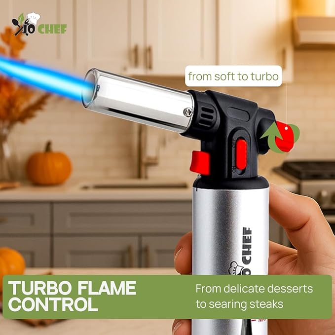 Jo Chef Kitchen Torch with Butane Included – Refillable Lighter with Safety Lock & Adjustable Flame, Blow Culinary Torch for Cooking, BBQ, Creme Brulee, DIY and Soldering - 1 Can (3.38oz) Included