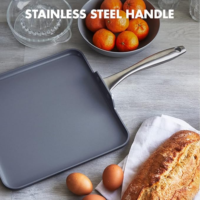 GreenPan Lima Hard Anodized 11” Square Griddle Pan, Ceramic Nonstick, PFAS-Free Nontoxic Pots and Pans, Oven & Broiler Safe, Stainless Steel Handle, Cookware for Eggs & Omelet, Gray