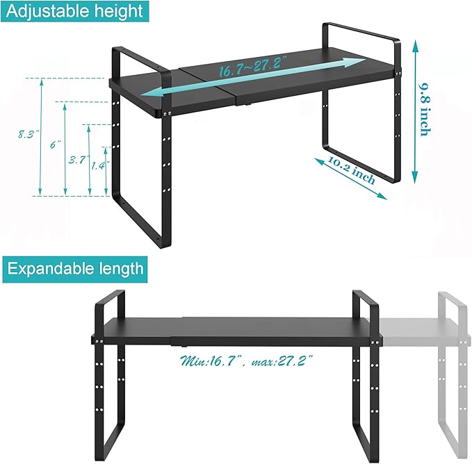 iPEGTOP Expandable Cabinet Storage Shelf Organizer Rack, Heavy Duty Steel Metal Spice Rack Adjustable Height Home Office Garage Pantry Shelf Space Riser for Counter Kitchen Organization, Black, 3 Pack