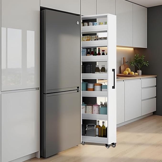 7-Tier Slim Storage Cart, Wooden Rolling Pantry Cabinet with Wheels, Narrow Shelf Organizer for Kitchen, Bakers Rack, Dining Room, Closet, Small Spaces Teak 73.2''H*7.8''W*19.6''D