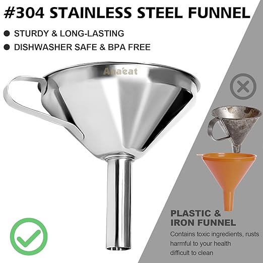 Anaeat Stainless Steel Kitchen Funnel, Multi-Use Premium Metal Food Grade Cooking Funnels with 2 Removable Strainer Filter for Transferring Liquid or Dry ingredients, Oils & 1 Pc Cleaning Brush (5.7")