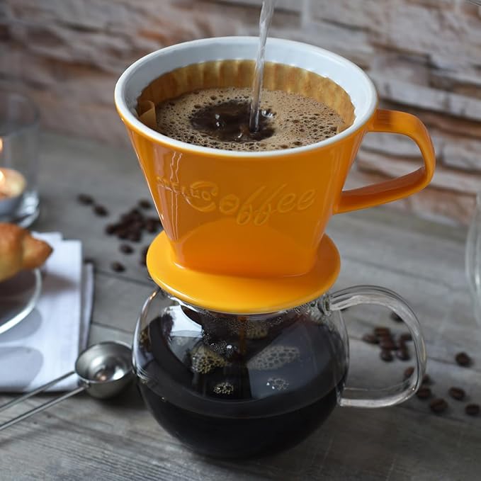 Creano XXL Porcelain Coffee Dripper Saffron - Ceramic Cone Brewer - Pour Over Coffee Maker - Filter Size 4 - huge and heavy quality 800gr/28oz - 6 Colours availeble