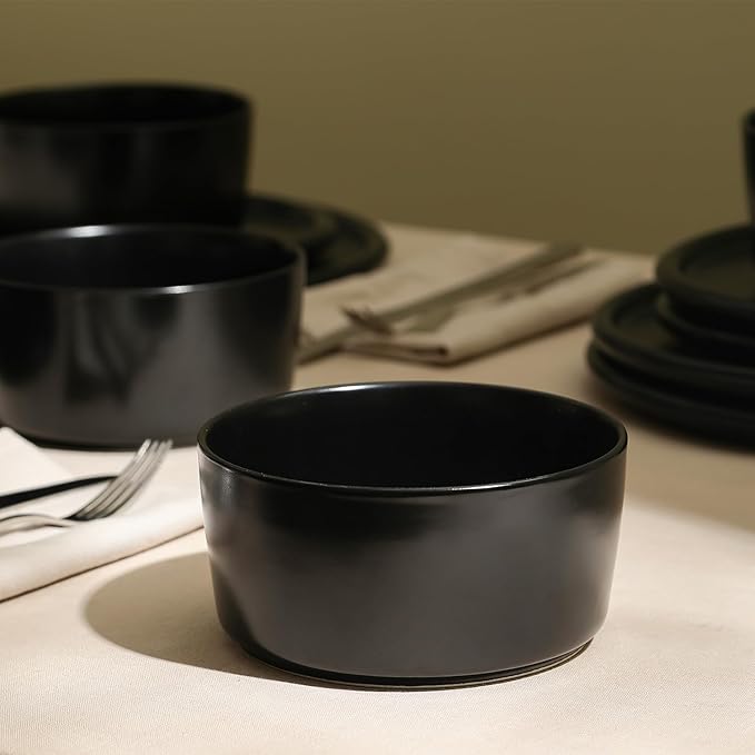 Stone Lain Eden 24-Piece Dinnerware Set Stoneware, Plates and Bowls Set, Dishwasher and Microwave Safe Dish, Dish Set for 8, Black