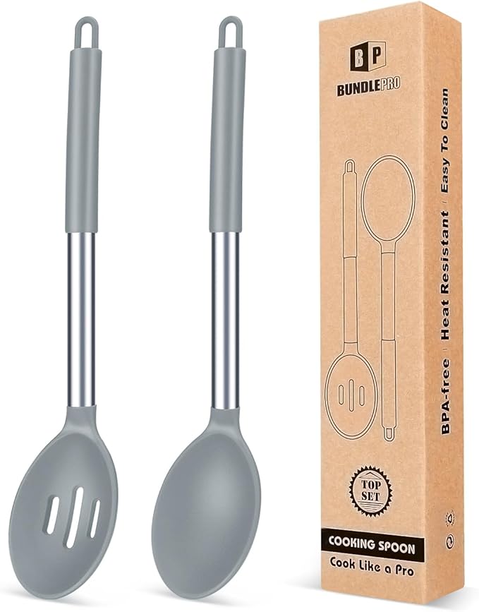 Pack of 2 Large Silicone Cooking Spoons,Non Stick Solid Basting Spoon,Heat-Resistant Kitchen Utensils for Mixing,Serving,Draining,Stirring (GREY)